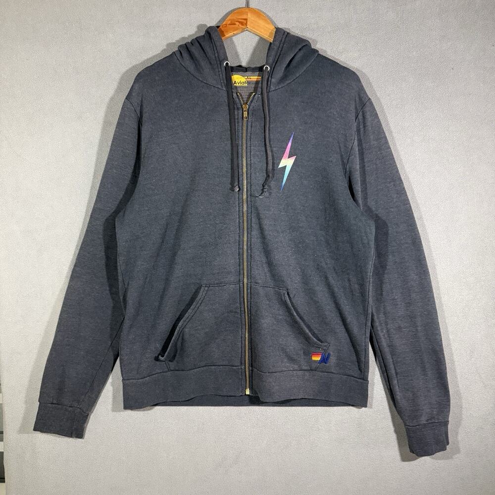 Aviator Nation Rainbow Bolt Hoodie XL Dark Charcoal Zip Front Sweatshirt Unisex